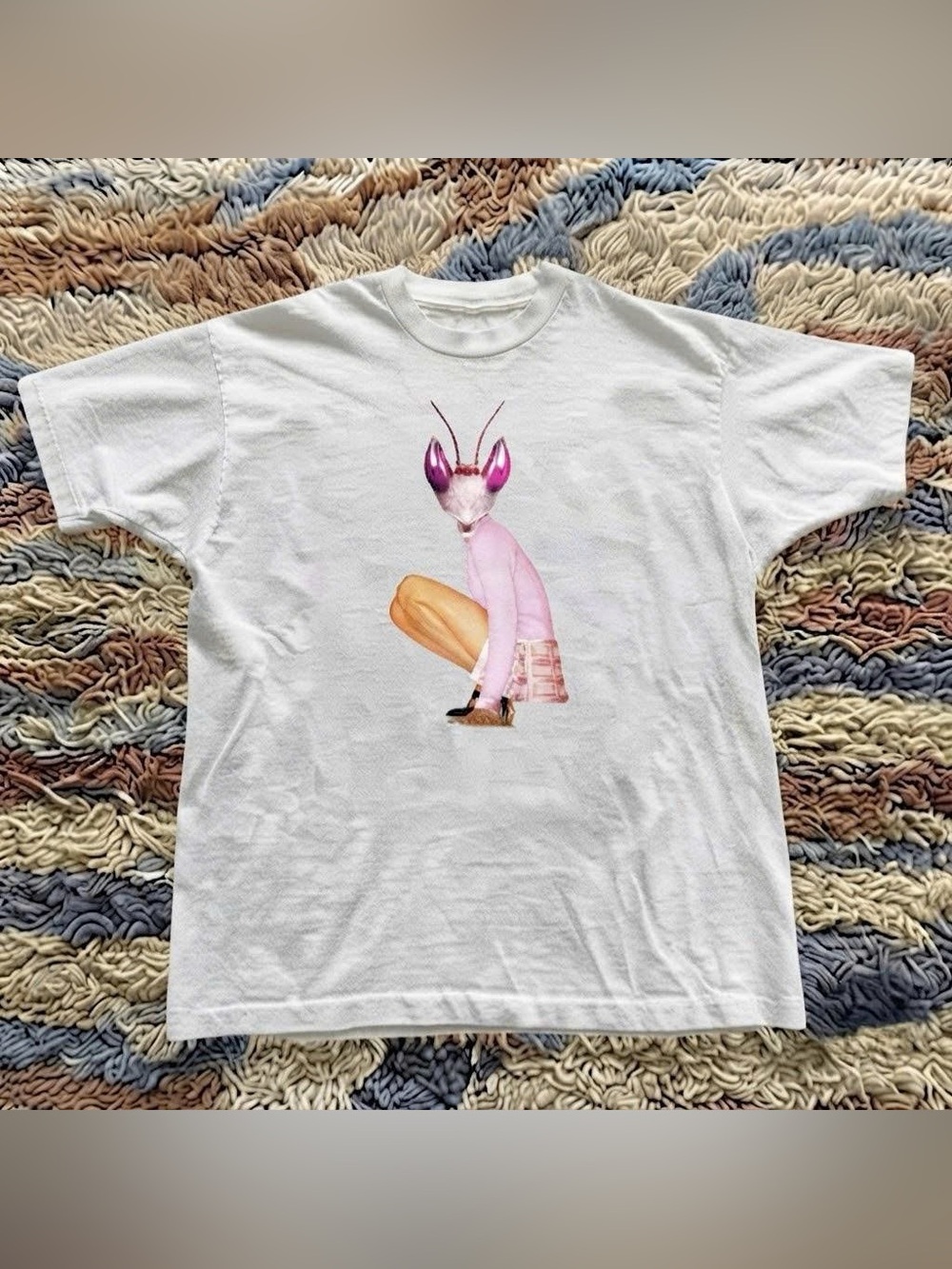 White Tee with Pink Praying Mantis Artwork